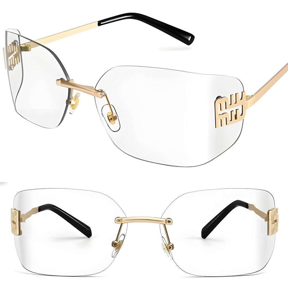 Gold & Clear Shield Sunglasses Rimless Luxury Modern Elegant Stylish For Women